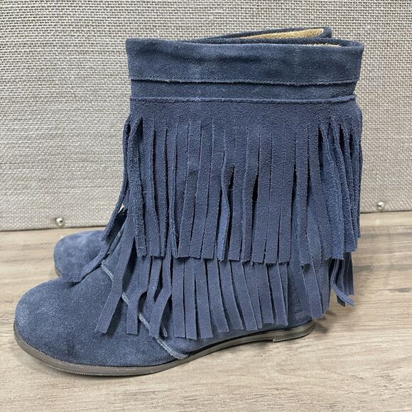 KLING Womens Blue Suede Fringe Hidden Wedge Ankle Bootie Size 7.5 US 38 EU - Picture 5 of 13